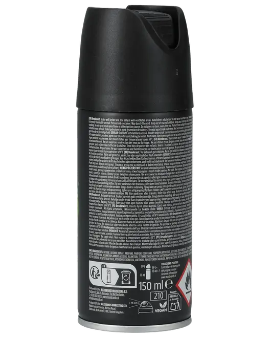 Sort aerosolflaske med flip-top låg, 150 ml, tæt trykt etiket, vegansk mærke og brandfarlige advarselssymboler.