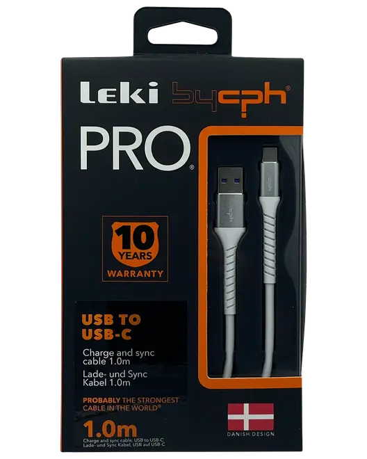 Leki bycph PRO USB til USB-C kabel, 1,0 m, hvid, slidstærkt design, 10 års garanti, til opladning og synkronisering, dansk design, leveres i sort æske.