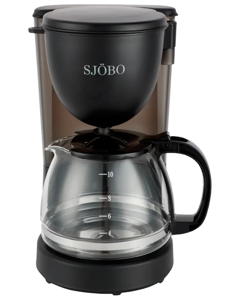 Svart kaffebryggare med glaskanna, markerad för 4 till 10 koppar. Stadigt handtag, tydliga mått och enkel design. Märket SJÖBO på toppen.