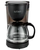 Sort kaffemaskine med glas-kande, målt op til 10 kopper. Robust håndtag, tydelige målemarkeringer og enkelt design. Mærket SJÖBO på toppen.