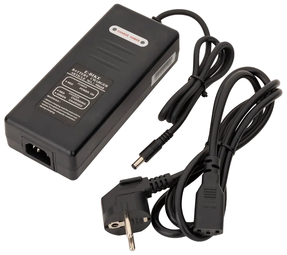 Sort elcykel-batterioplader med indikatorlys, aftagelig strømkabel og standard DC-stik. Velegnet til opladning af lithiumbatterier, med tydelige statusindikatorer.