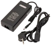 Sort elcykel-batterioplader med indikatorlys, aftagelig strømkabel og standard DC-stik. Velegnet til opladning af lithiumbatterier, med tydelige statusindikatorer.