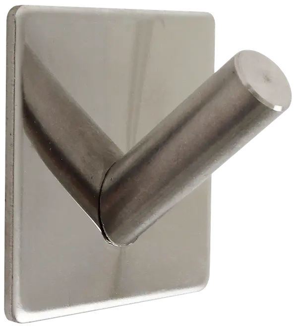 Vægkrog i rustfrit stål med firkantet base og skråt cylinderformet knage. Moderne, børstet finish. Velegnet til håndklæder, badekåber eller tasker.
