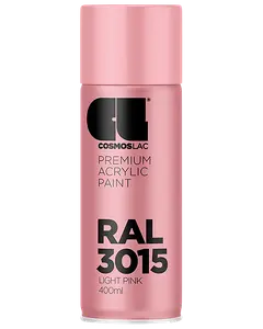 400 ml spraydåse med Cosmoslac premium akrylmaling i RAL 3015 lyserød, med mat lyserødt låg og tydelig produktmærkning på forsiden.