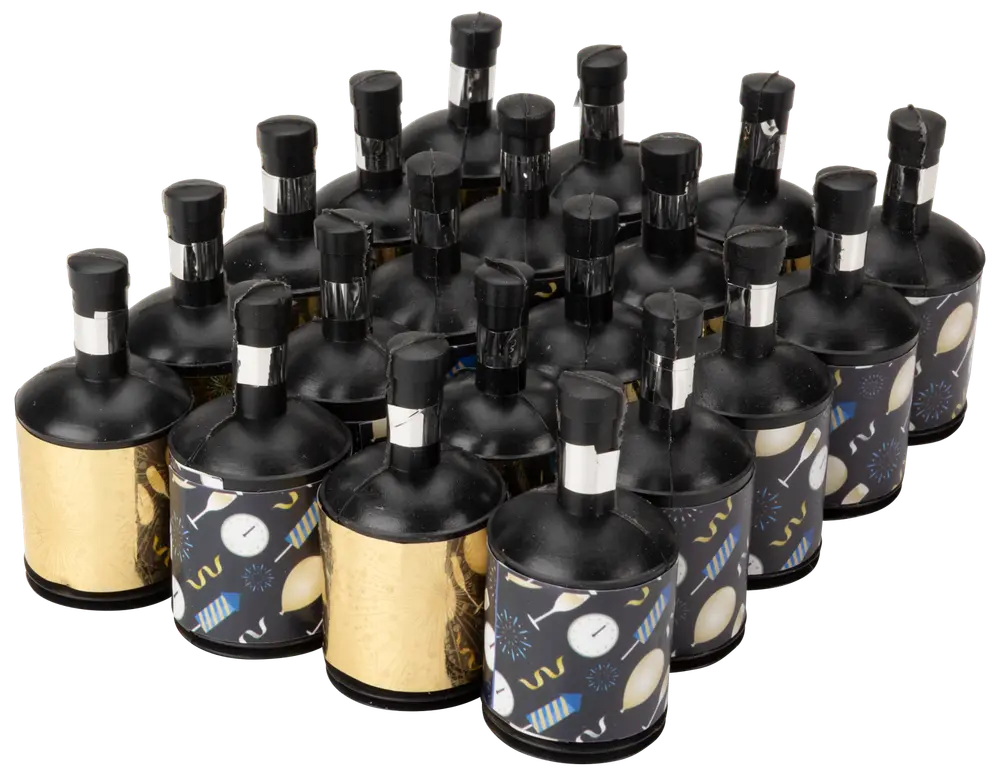 Set med 24 partypoppers med svarta toppar och olika festliga omslag, inklusive guld och nyårstema. Varje popper har ett snöre för enkel användning vid firanden.