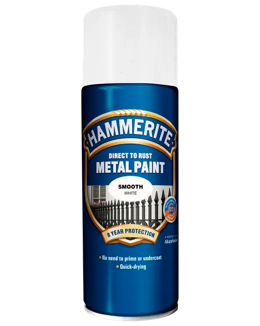 Hammerite Direkte på Rust Metal maling spraydåse, glat hvid finish, 8 års beskyttelse, ingen grund til grunder, hurtigtørrende, egnet til metaloverflader, blå og hvid emballage.