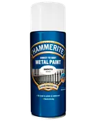 Hammerite Direkte på Rust Metal maling spraydåse, glat hvid finish, 8 års beskyttelse, ingen grund til grunder, hurtigtørrende, egnet til metaloverflader, blå og hvid emballage.