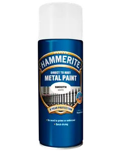 Hammerite Direkte på Rust Metal maling spraydåse, glat hvid finish, 8 års beskyttelse, ingen grund til grunder, hurtigtørrende, egnet til metaloverflader, blå og hvid emballage.