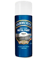 Hammerite Direkte på Rust Metal maling spraydåse, glat hvid finish, 8 års beskyttelse, ingen grund til grunder, hurtigtørrende, egnet til metaloverflader, blå og hvid emballage.