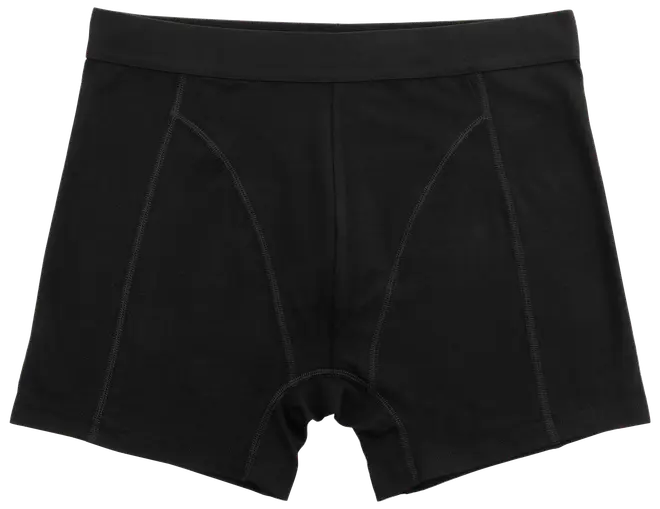 Herre sorte boxershorts med mellemhøj talje, flade syninger og formet front. Fremstillet i glat, elastisk stof for komfort og støtte. Ingen synligt mærke eller mønster.