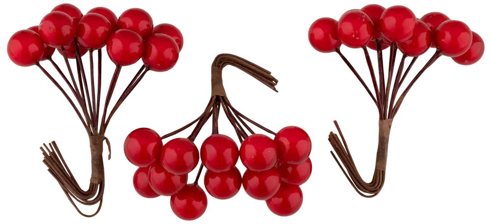 Konstgjorda röda bärklasar med blank yta, fästa på bruna trådstjälkar. Perfekt för pyssel, blomsterarrangemang eller juldekorationer. Varje bunt har flera bär.