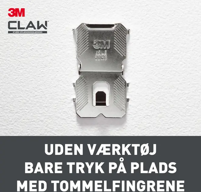 Metal vægophæng fra 3M Claw, nem montering uden værktøj. Kan bære op til 30 kg. Kompakt og robust, ideel til ophængning af tunge genstande sikkert.