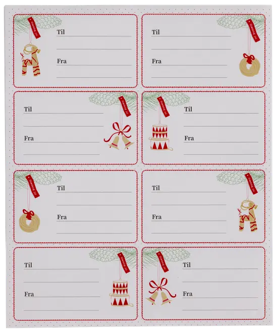 Ark med åtta julklappsetiketter med röda kanter, dekorerade med motiv som klockor, trummor, kransar och tomtar. Varje etikett har rader för "Till" och "Från".