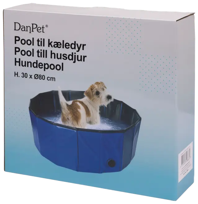 Blå foldbar pool til kæledyr, 30 cm høj og 80 cm i diameter. Med aftapningsventil, slidstærkt materiale, velegnet til hunde og udendørs brug.