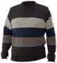 Herresweater med rund hals og brede, horisontale striber i mørkegrå, lysegrå, marineblå og offwhite. Ribkanter ved ærmer, bund og hals. Blødt, strikket materiale.