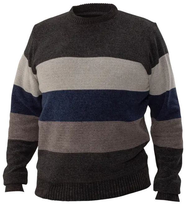 Herresweater med rund hals og brede, horisontale striber i mørkegrå, lysegrå, marineblå og offwhite. Ribkanter ved ærmer, bund og hals. Blødt, strikket materiale.