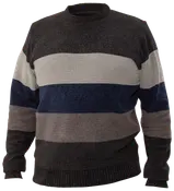 Herresweater med rund hals og brede, horisontale striber i mørkegrå, lysegrå, marineblå og offwhite. Ribkanter ved ærmer, bund og hals. Blødt, strikket materiale.