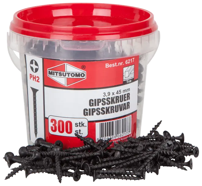 Plastbøtte med 300 sorte gipsskruer, 3,9 x 45 mm, PH2 krydskærv, egnet til træ. Nogle skruer vises foran beholderen.