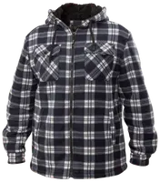 Herrjacka i rutigt fleece med huva, dragkedja, två bröstfickor med lock och knappar samt dragsko. Svart, vit och grå rutig design. Mjuk och varm.