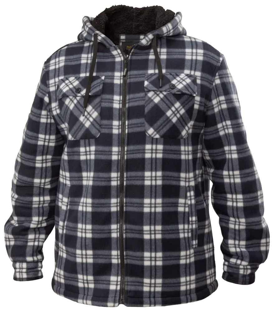 Herrjacka i rutigt fleece med huva, dragkedja, två bröstfickor med lock och knappar samt dragsko. Svart, vit och grå rutig design. Mjuk och varm.