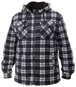 Herrjacka i rutigt fleece med huva, dragkedja, två bröstfickor med lock och knappar samt dragsko. Svart, vit och grå rutig design. Mjuk och varm.