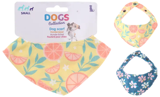 Lille hundescarf sæt med to designs: gul med citrusfrugter og blade, blå med hvide og lyserøde blomster. Justerbar snaplukning, blødt stof, egnet til små hunde.