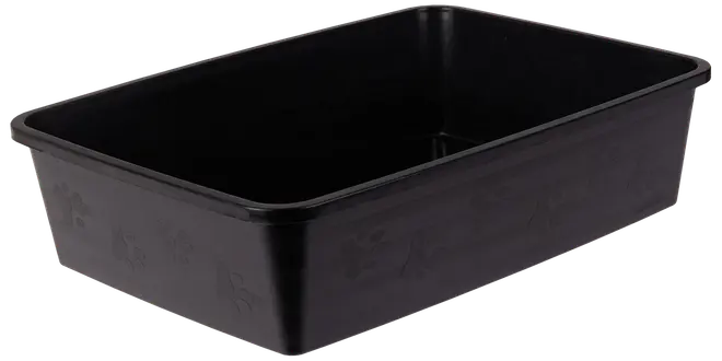 Rektangulær sort plast kattebakke med let skrånende sider og prægede poteaftryk på ydersiden. Rummelig indvendig, holdbar og nem at rengøre.