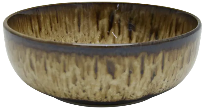 Keramisk skål med blank brun og beige drypglasur, rund form, mellem dybde, glat overflade. Velegnet til servering af supper, salater eller snacks. Rustikt og moderne design.