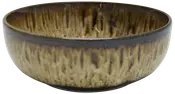 Keramisk skål med blank brun og beige drypglasur, rund form, mellem dybde, glat overflade. Velegnet til servering af supper, salater eller snacks. Rustikt og moderne design.