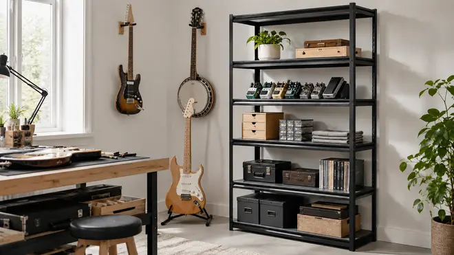 Sort metal opbevaringsreol med fem hylder, åben konstruktion og robust firkantet ramme, stylet med kasser, bøger, planter og guitarpedaler.
