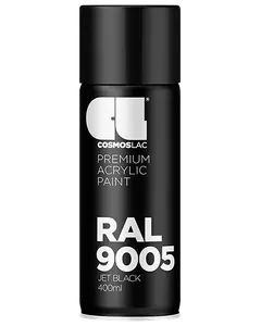 Cosmoslac spraydåse med premium akrylmaling, RAL 9005 jet sort, 400ml. Mat sort cylinder med hvid tekst og logo på forsiden.