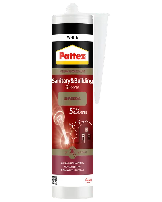 Pattex Sanitet & Byg Silikone, hvid, universaltætningsmiddel med dyse. UV- og mugresistent, til flere materialer, permanent fleksibel, 5 års garanti.