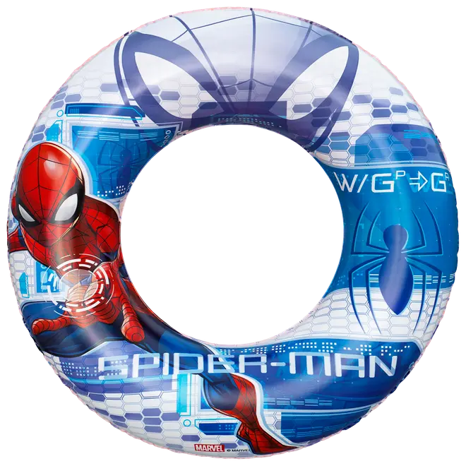 Uppblåsbar badring med Spider-Man-motiv, blått och vitt färgschema, stort Spider-Man-logo och slitstarkt plastmaterial. Passar barn, perfekt för pool eller strand.