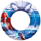 Uppblåsbar badring med Spider-Man-motiv, blått och vitt färgschema, stort Spider-Man-logo och slitstarkt plastmaterial. Passar barn, perfekt för pool eller strand.
