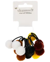 Sæt med hårelastikker med bløde, fluffy pomponer i hvid, brun, sort og gul. Hver elastik har et sort bånd for sikker og behagelig styling.