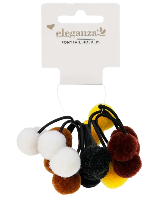 Sæt med hårelastikker med bløde, fluffy pomponer i hvid, brun, sort og gul. Hver elastik har et sort bånd for sikker og behagelig styling.