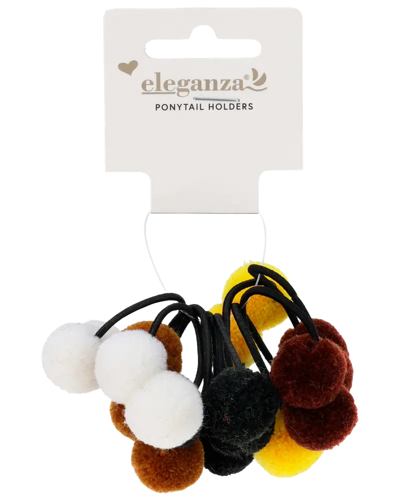 Sæt med hårelastikker med bløde, fluffy pomponer i hvid, brun, sort og gul. Hver elastik har et sort bånd for sikker og behagelig styling.