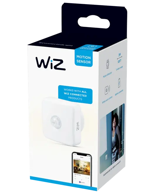 WiZ bevægelsessensor i hvid, kompatibel med alle WiZ-produkter, registrerer bevægelse op til 3 meter, batteridrevet, understøtter app-integration til smart home-automatisering.