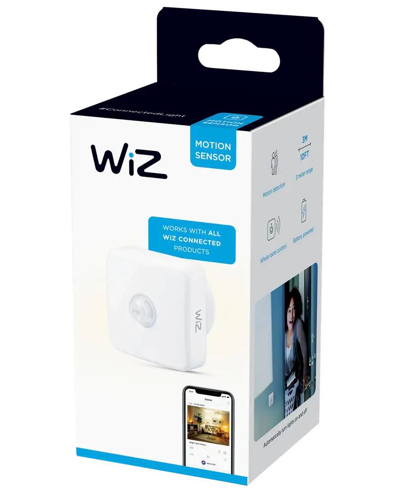 WiZ bevægelsessensor i hvid, kompatibel med alle WiZ-produkter, registrerer bevægelse op til 3 meter, batteridrevet, understøtter app-integration til smart home-automatisering.