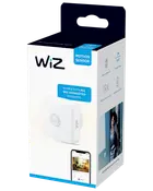 WiZ rörelsesdetektor i vitt, kompatibel med alla WiZ-produkter, upptäcker rörelse upp till 3 meter, batteridriven, appintegration för smarta hem-automatisering.
