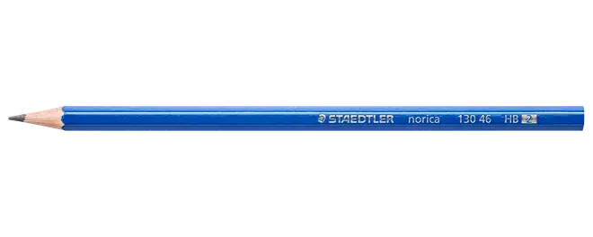 Blå Staedtler Noris HB träblyertspenna med spetsig grafitspets och vit tryckt märkning.