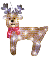 Upplyst ren-juldekoration med guldnät, vita LED-lampor, svarta ögon och nos, röd halsduk med vita prickar samt silverhorn. Passar för inomhus- och utomhusbruk.