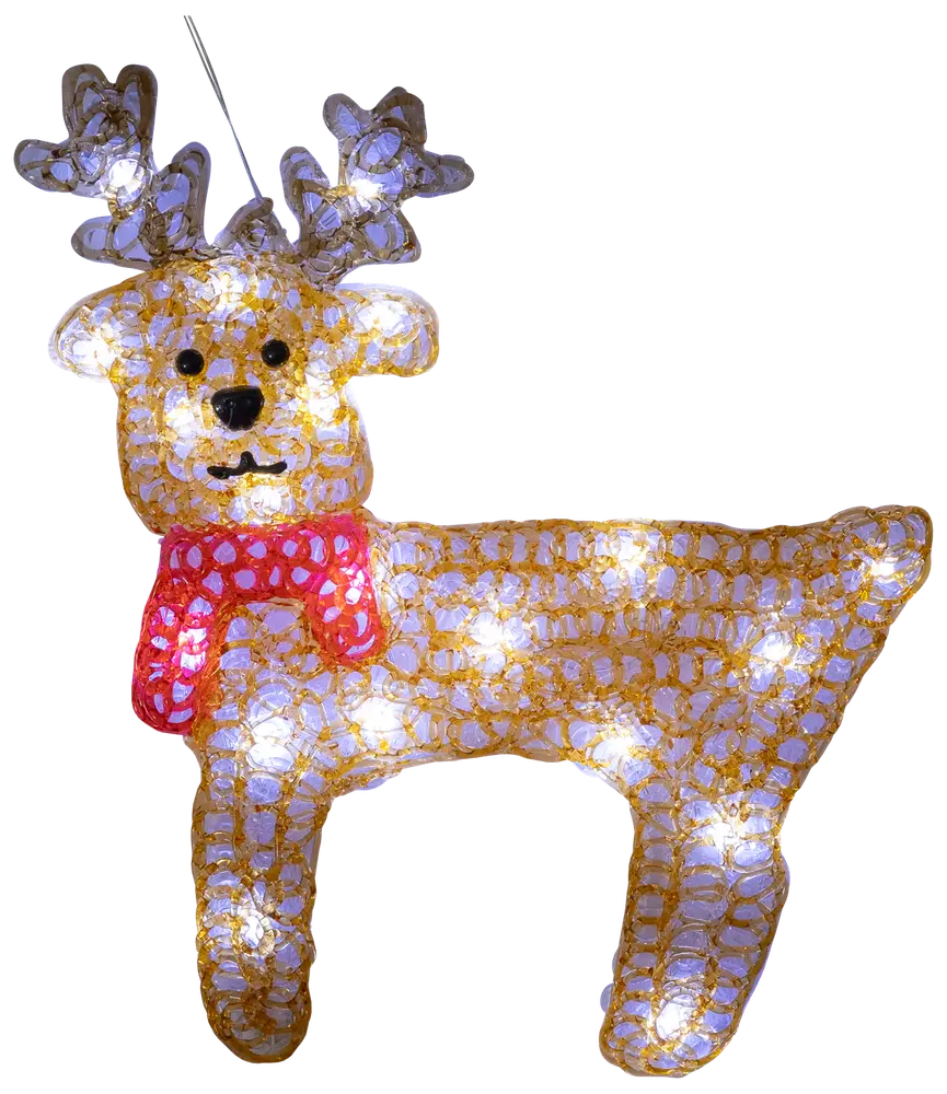 Upplyst ren-juldekoration med guldnät, vita LED-lampor, svarta ögon och nos, röd halsduk med vita prickar samt silverhorn. Passar för inomhus- och utomhusbruk.