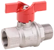 Kulventil i metall med rött vinghandtag, invändig och utvändig gänga för röranslutning. Hållbar konstruktion, passar för vatten- eller gasflödeskontroll i VVS-system.