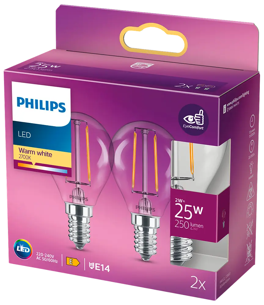 PHILIPS LED-filamentpære 2W E14 2-pak