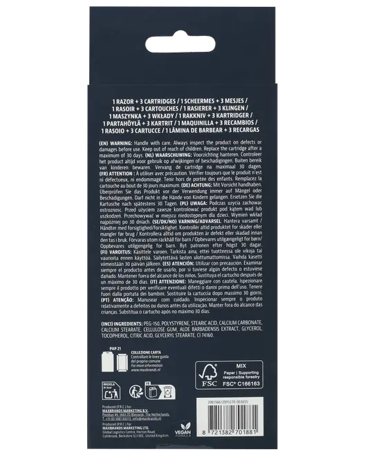 Bagside af barbermaskineemballage med produktdetaljer: inkluderer 1 barbermaskine, 3 patroner. Indeholder brugsanvisning, advarsler, ingredienser, genbrugsinformation og certificeringer. Tekst på flere sprog.
