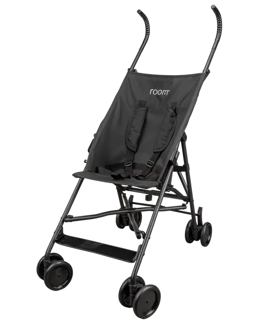 Letvægts sort paraplyklapvogn med fire dobbelthjul, justerbar sikkerhedssele og komfortabelt sæde. To buede håndtag og kompakt, foldbar ramme for nem transport og opbevaring.
