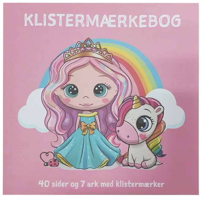 Klistermærkebog med 40 sider og 7 ark klistermærker. Lyserød forside med tegnet prinsesse med krone og blå kjole, enhjørning, regnbue, skyer og mariehøne.