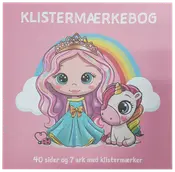 Klistermærkebog med 40 sider og 7 ark klistermærker. Lyserød forside med tegnet prinsesse med krone og blå kjole, enhjørning, regnbue, skyer og mariehøne.
