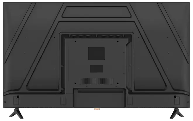 Bagside af fladskærms-tv med sort plastkabinet, ventilationsåbninger, monteringshuller og to brede ben. Central panel til porte og kabelstyring.
